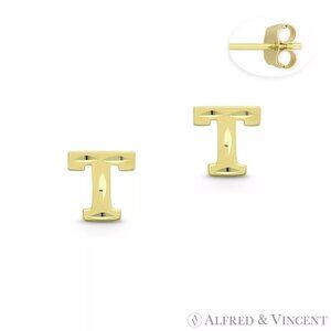 Initial Letter "T" Stud Earrings with Push-Back Posts in 14k Yellow Gold
